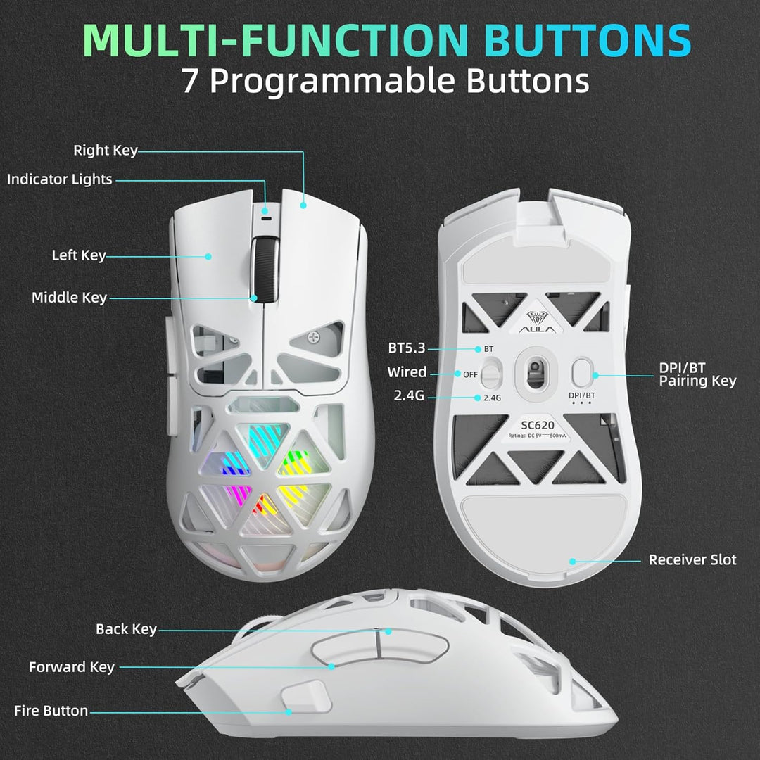 AULA SC620 Kabellose Gaming Maus,BT5.0/2.4G/USB-C,mit PixArt PAW3311-Sensor,12000DPI,8KHz,Feuertaste