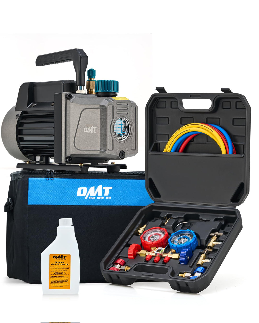 Orion Motor Tech Vakuumpumpe 3.5 CFM 100L/Min 1/4HP Unterdruckpumpe Klimaanlage 3-Wege mit Adapter f