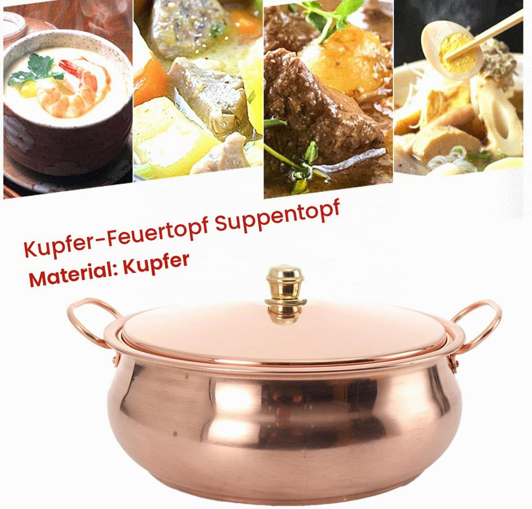 ECUTEE Kochtopf aus Kupfer 26cm Cooking Pot Kochtöpfe Kupferkochtopf mit Deckel, Uungestrichen Suppe