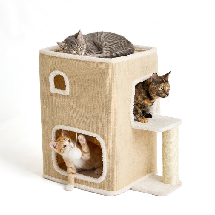 Relaxdays Katzenhaus 2-stöckig, Katzenhöhle mit Ball &amp; Kratzbaum, beige, Beige