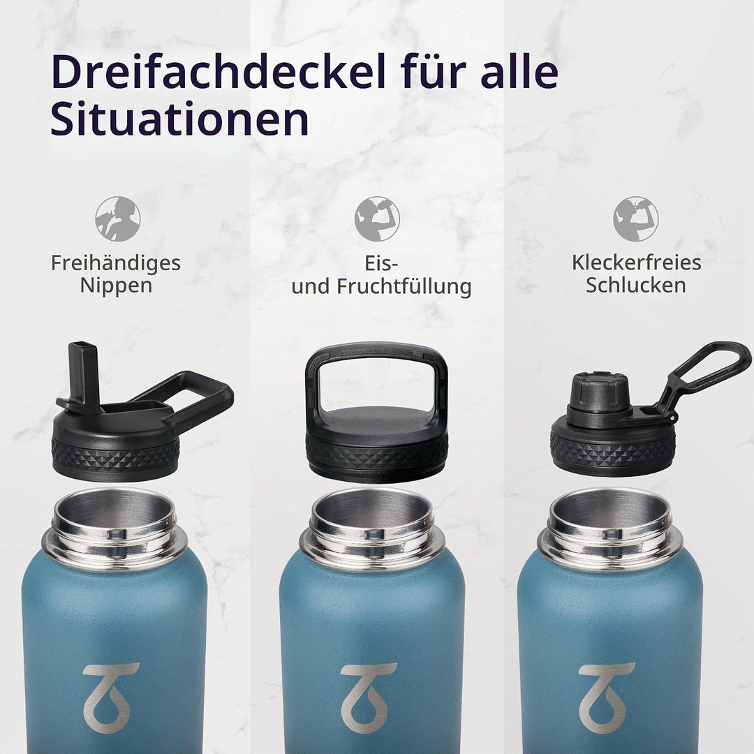 Trebo 1.2 L Edelstahl Trinkflasche Isoliert mit Paracord-Griff &amp; 3 Deckeln Indigoschwarz 1183 ml, In