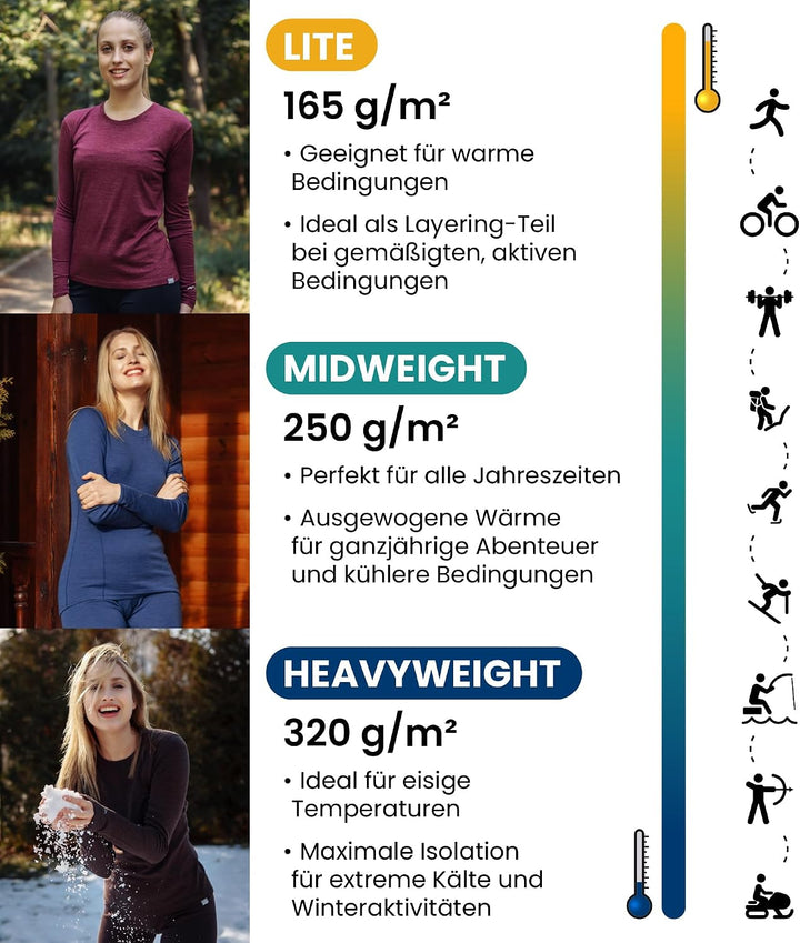 100% Merino Unterwäsche Damen Set - Leicht, Mittelgewicht, Funktionsunterwäsche Merinowolle, Langarm