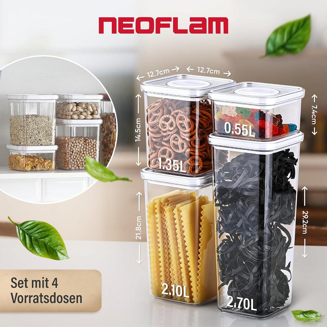 Neoflam® Vorratsdosen mit Deckel luftdicht &amp; Einhanddrehverschluss, 4er Set Vorratsbehälter BPA-frei