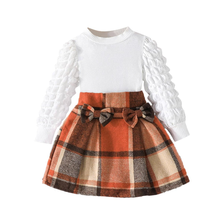 Kleinkind Mädchen Kleidung Puffärmel Langarm Gerippte Oberteile + Bowknot Plaid Mini Rock 2 Stück He