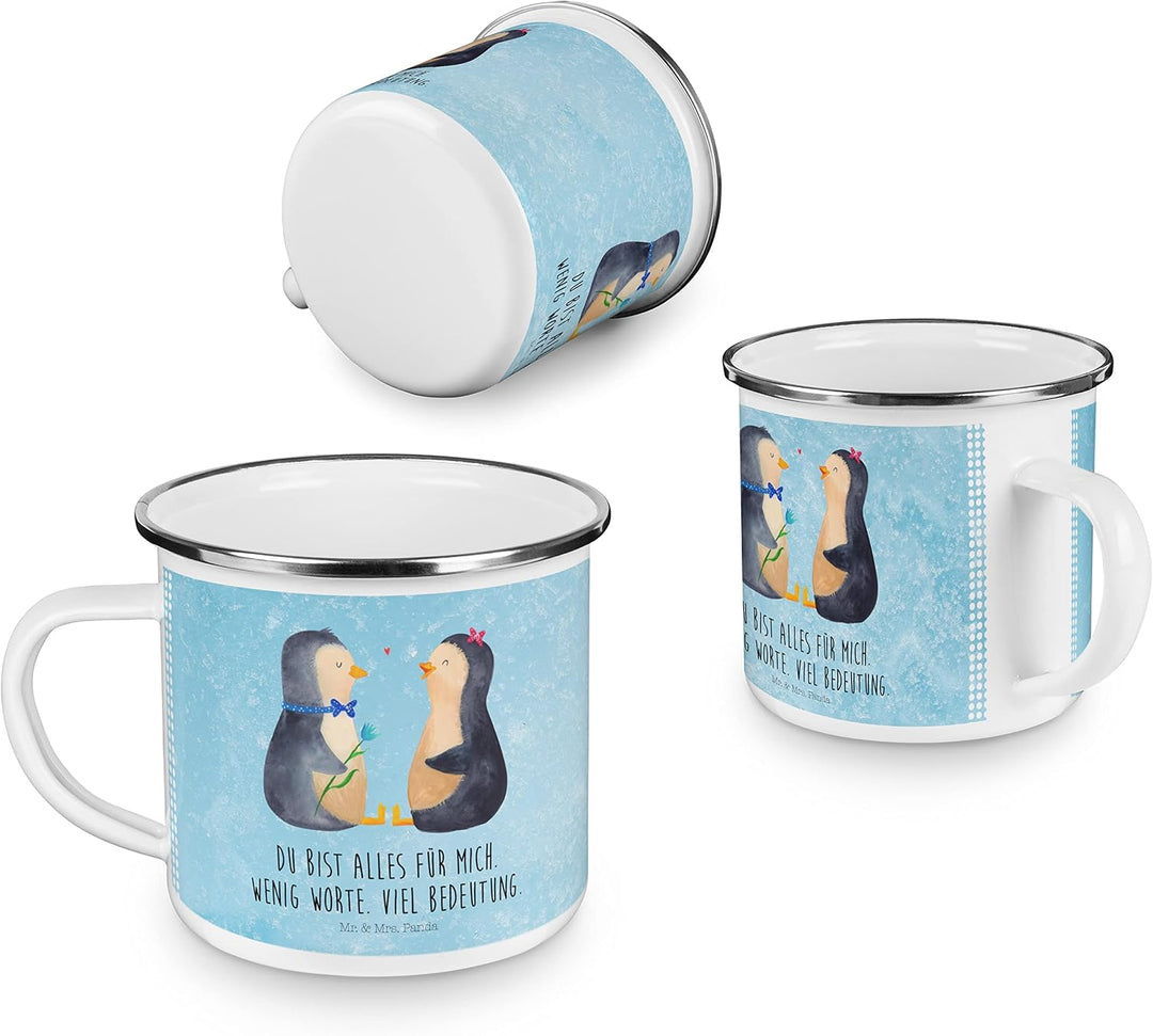 Mr. &amp; Mrs. Panda Camping Emaille Tasse Pinguin Pärchen - Geschenk, Tasse Emaille, Liebespaar, Liebes