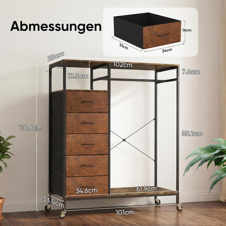 HOKEEPER Kleiderständer auf Rollen Braun 101x35x110.6cm, Braun 101x35x110.6cm