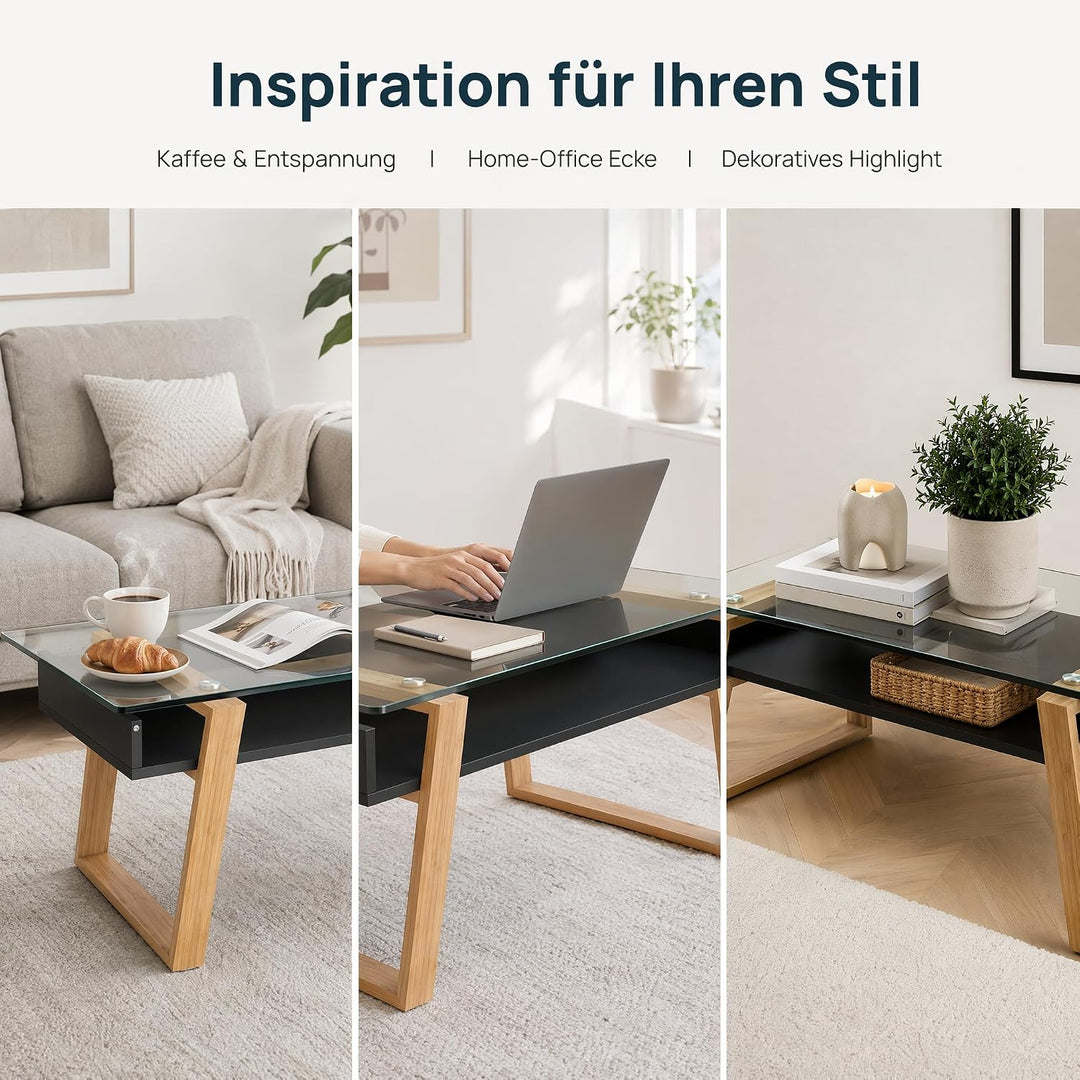 Couchtisch Glas Schwarz mit Bambus – Moderner Glastisch Wohnzimmer mit Ablage 110x55x40 cm – Wohnzim