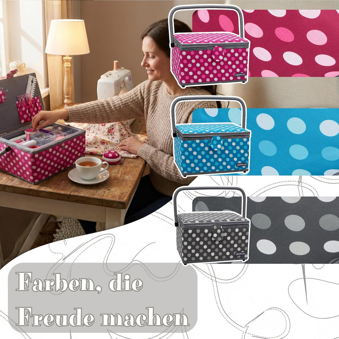 SEMPLIX Nähkorb Grösse L, Polka Dots Anthrazit/Grau (30,5x22,5x19cm), Nähkästchen im frechen Punkted
