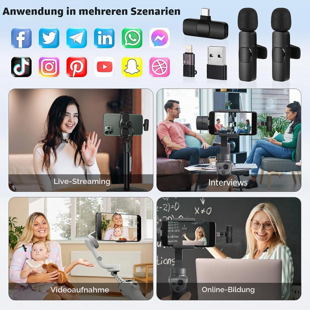 MXTIMWAN 2pcs Mini Mikrofon, Mikrofon Handy, Lavalier Mikrofon Wireless mit Rauschunterdrückung,Anst