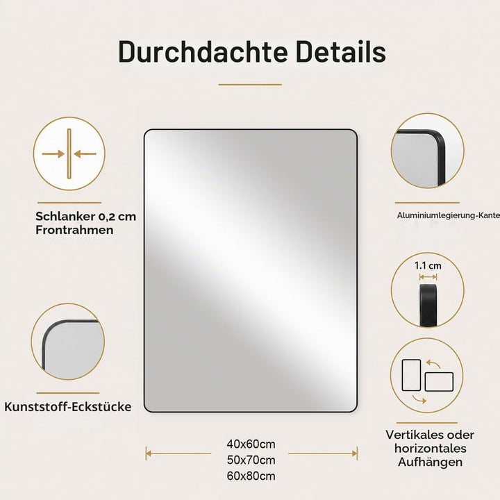 Schwarzer Rahmenspiegel 40 x 60 cm, rechteckiger Badezimmer-Wandspiegel, hängend horizontal/vertikal