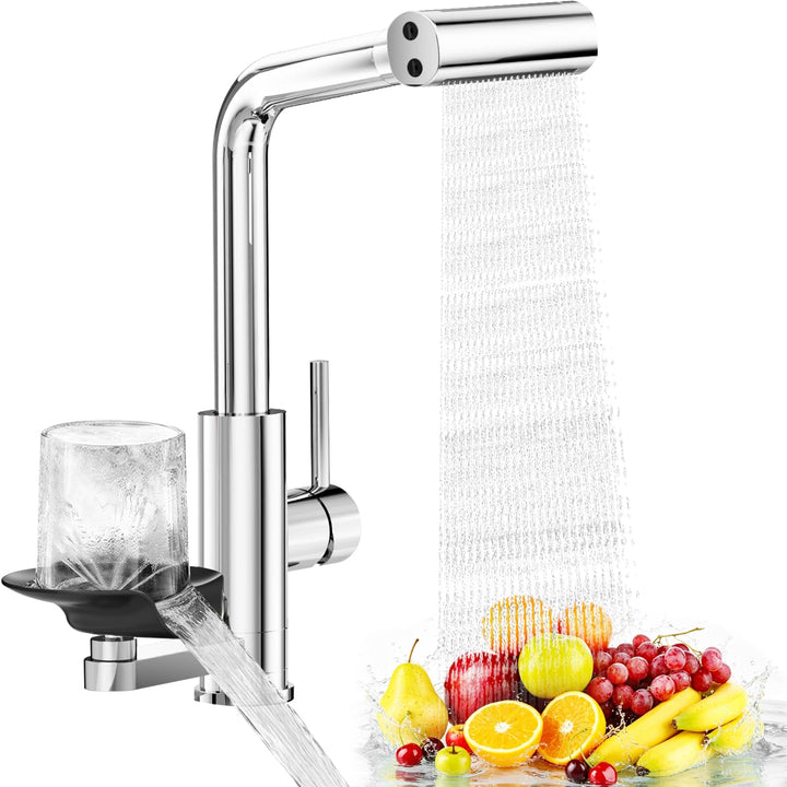 MIAOHUI Wasserhahn Küche mit Glasspüler, Chrom | 4 Funktionen Armatur Küche Ausziehbar, Einhebel küc