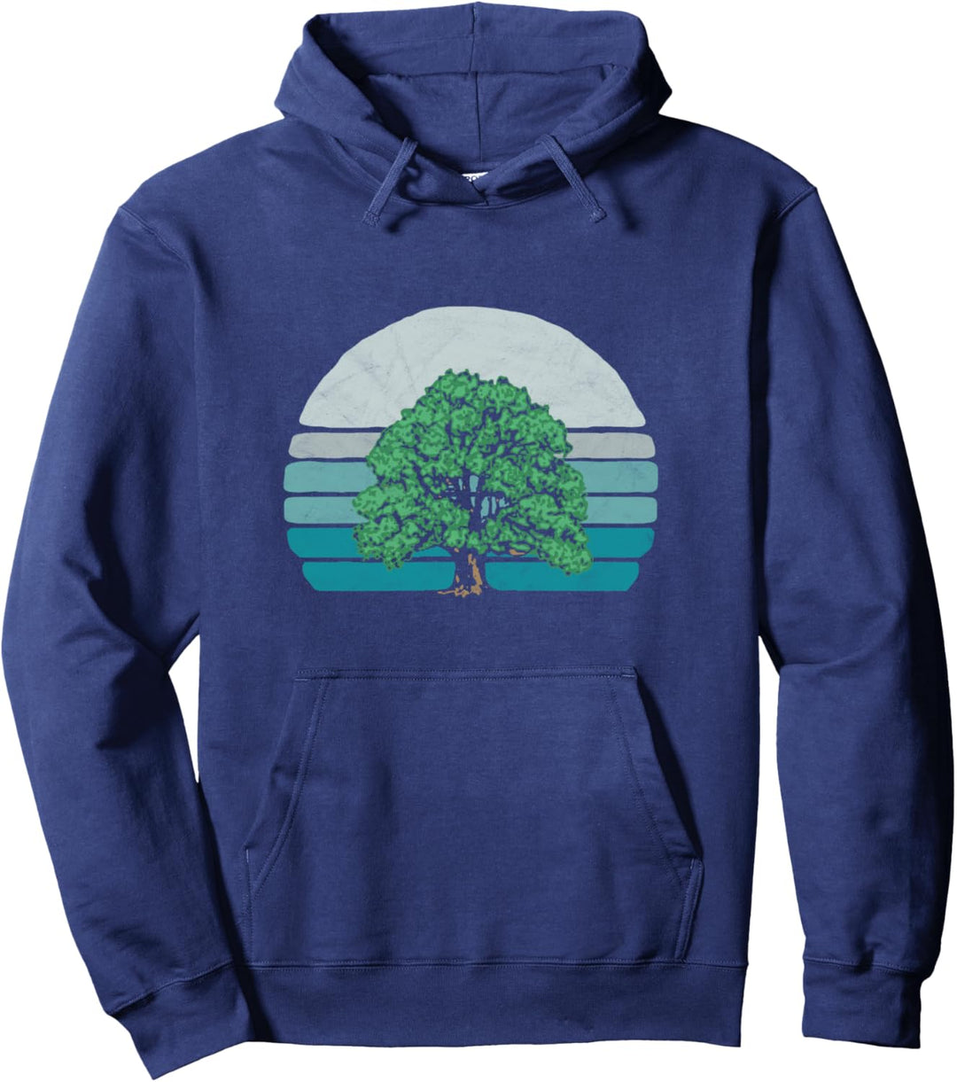 Sweet Oak Tree Sketch &amp; Retro Sunset 80s Outdoor Graphic Pullover Hoodie