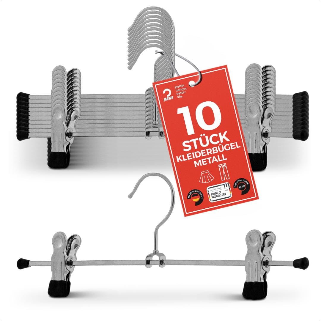MAWA Kleiderbügel mit Clips, Set aus 10 platzsparenden Bügeln mit rutschfesten Clips, perfekt für Ho