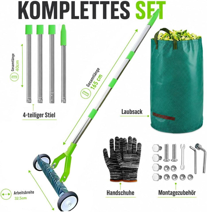 Handvertikutierer mit Rollen 165cm, vertikutierer Hand mit Gartenabfallsack, vertikutierrechen mit s