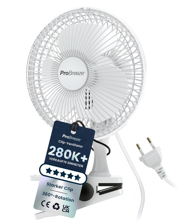 Pro BreezeTM Mini Ventilator mit Clip, sehr leiser Betrieb, 20 cm Durchmesser, 2 Geschwindigkeitsstu