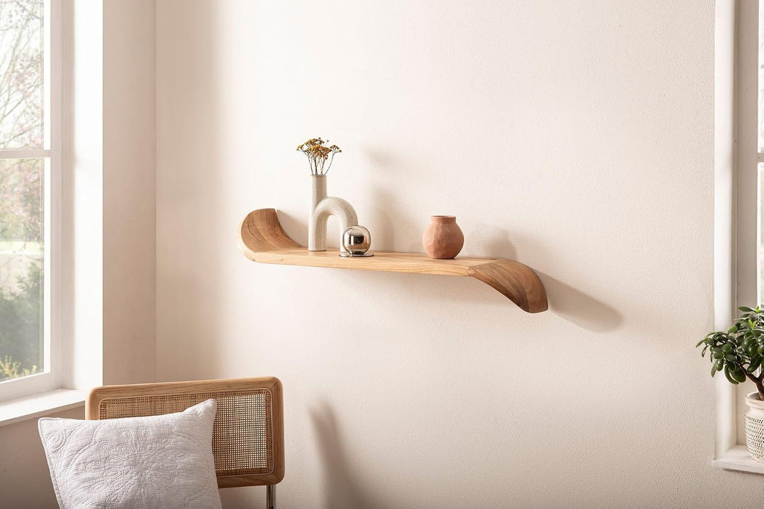FineBuy Wandregal 80 cm Mango Massivholz, Schweberegal Geschwungen