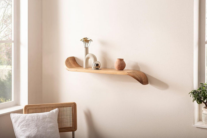 FineBuy Wandregal 80 cm Mango Massivholz, Schweberegal Geschwungen