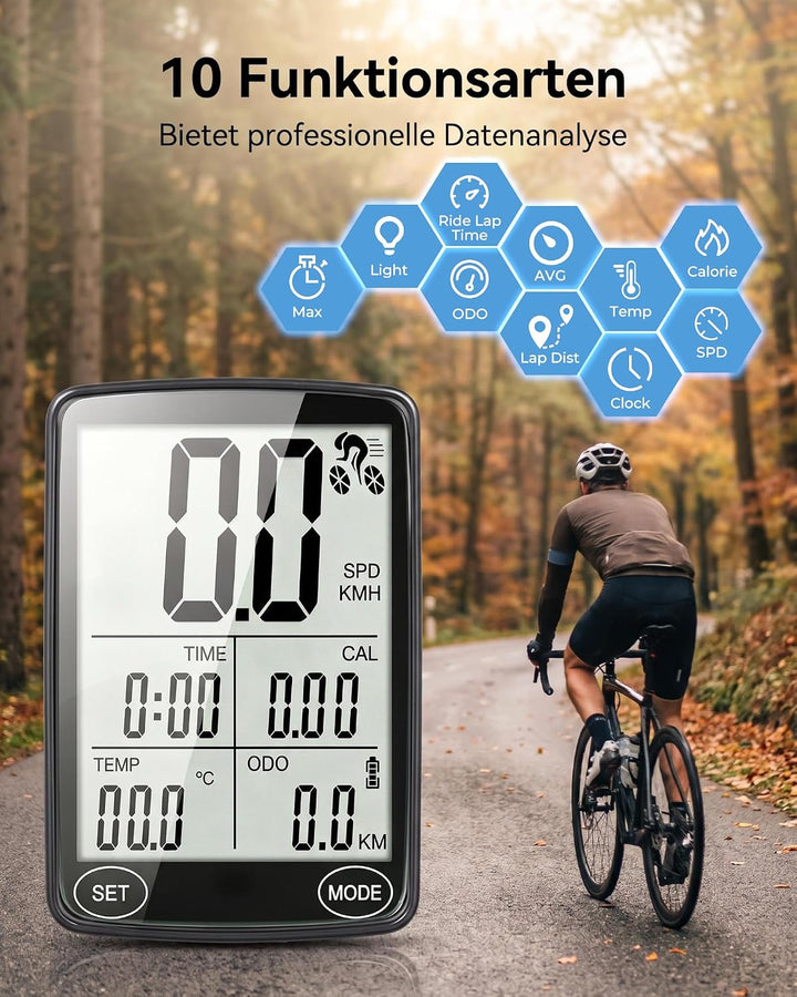 Flechazo Fahrradcomputer Kabellos, 2,8" LCD-Display, 19 Funktionen, Schwarz