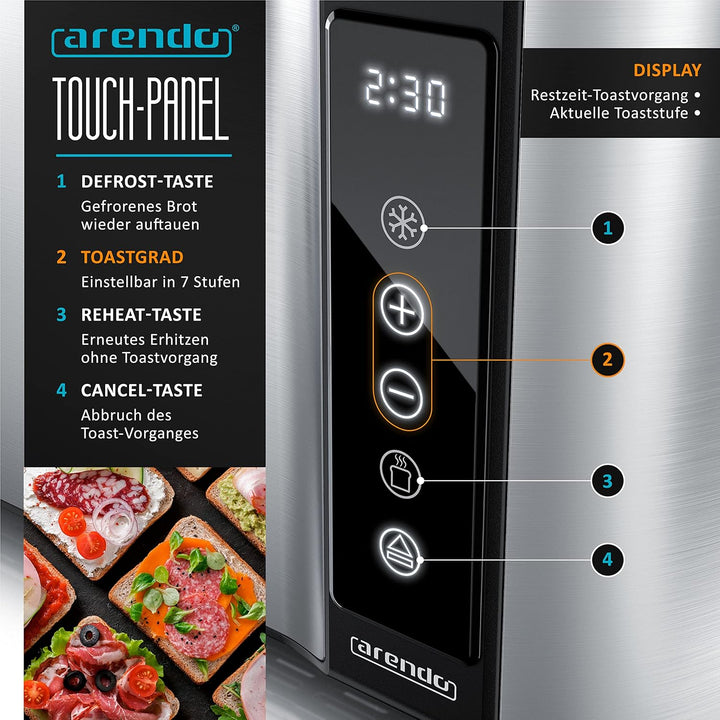 Arendo - Edelstahl Toaster Langschlitz 4 Scheiben - Touchpanel – Doppelwandgehäuse – 1500 W – Integr