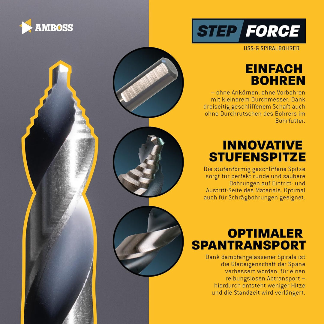 Spiralbohrer Step Force 19tlg. SET Ø1-10 mm - HSS-G DIN 338 für Stahl, Baustahl, Alu, Buntmetalle AM