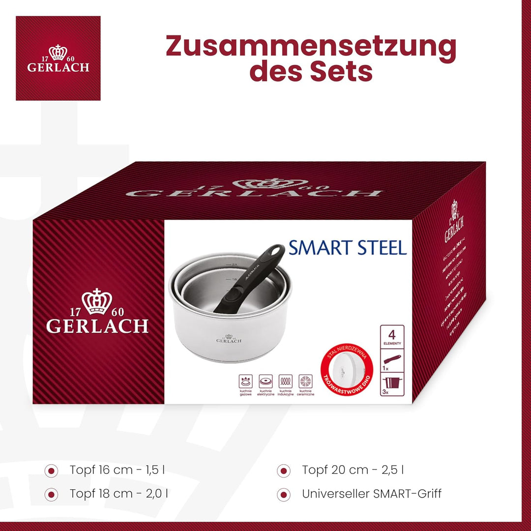 Gerlach Smart Steel Topf-Set Edelstahl Abnehmbarer Griff Kochtopf-Set Induktion Induktionstöpfe-Set
