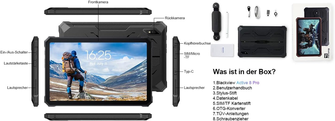 Blackview Active 8 Pro Rugged Tablet 10,36" 2,4K FHD+ 16GB RAM 256GB ROM 48MP Kamera 22000mAh Androi