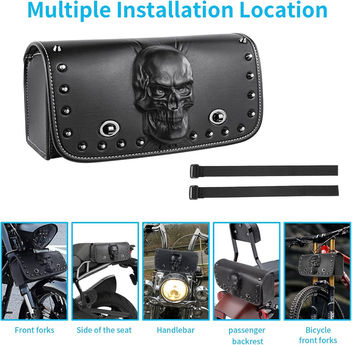 YHTIMIOX Universal Motorrad 3D Skull Tool SaddleBags Front Fork Handlebar Bag PU Leder Sissybar Aufb