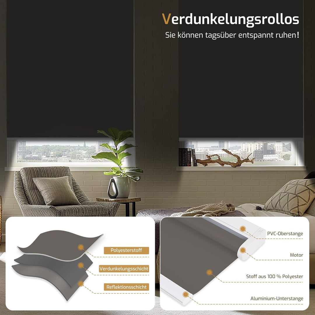Grandekor Elektrische Rollos mit Lithiumbatterie,Elektrisches Verdunklungsrollo mit Motor &amp; Fernbedi