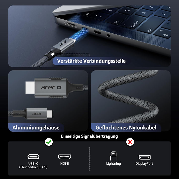Acer USB C auf HDMI 2.1 Kabel 8K@60Hz 1m, 4K@240/144/120Hz Typ-c Thunderbolt 3/4/5 zu HDMI Adapter k
