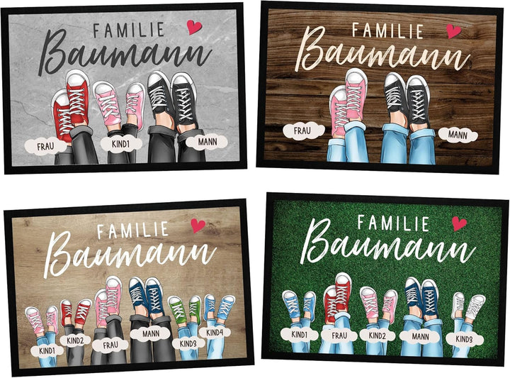 Fussmatte Personalisiert Familie bis zu 4 Kinder Aufdruck Turnschuhe Farben anpassbar rutschfest &amp; w