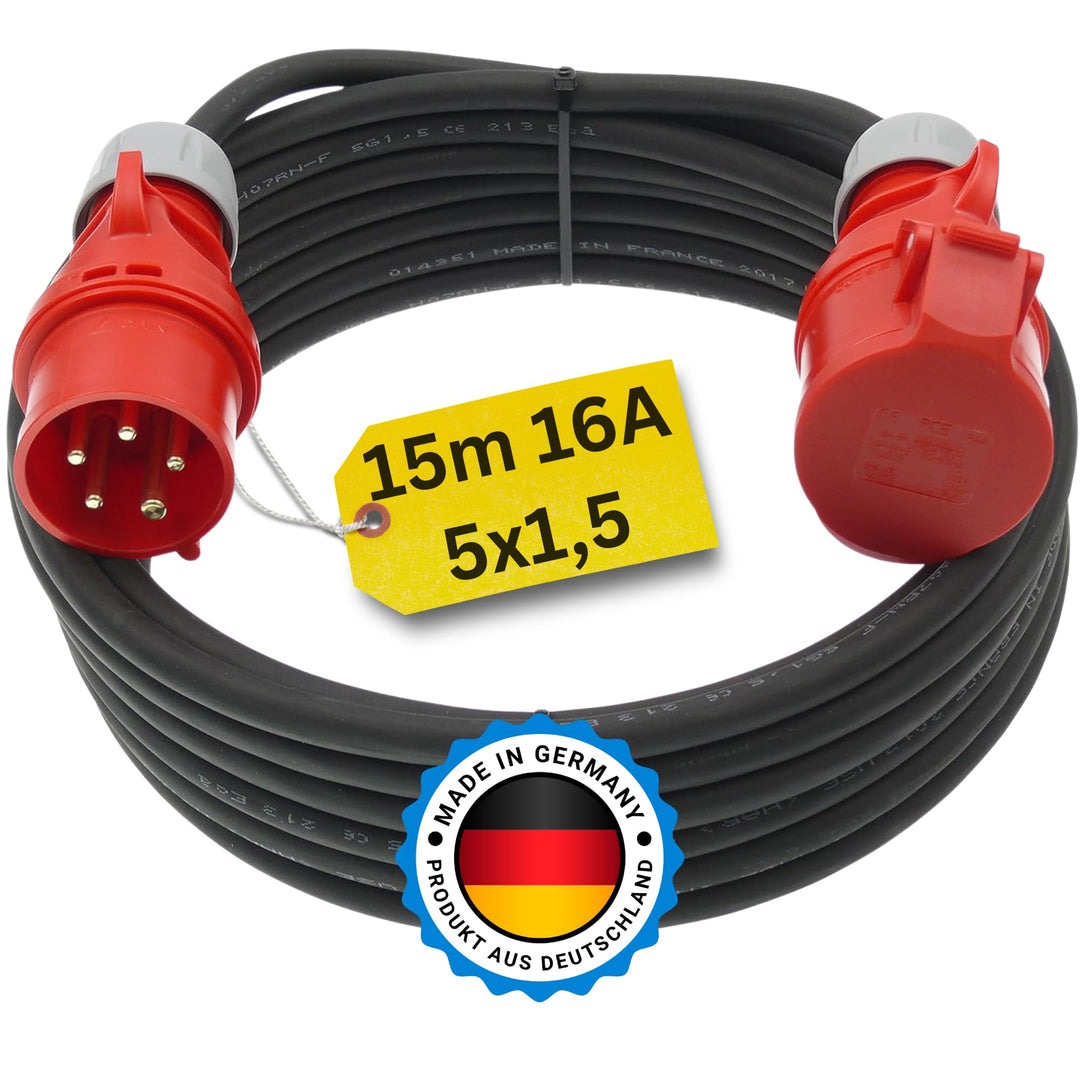 15m CEE Starkstromkabel Verlängerungskabel 16A 400V Gummileitung H07RN-F 5g1,5 mm² IP44 aussen