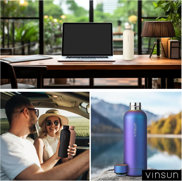 Vinsun Trinkflasche Edelstahl beige 500ml - auslaufsicher, Kohlensäure geeignet, BPA frei - doppelwa