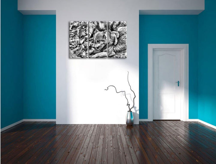 Pixxprint Monocrome, Wölfe beim Fressen 3-Teiler Leinwandbild 120x80 Bild auf Leinwand