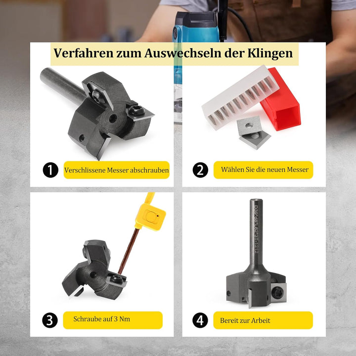 Trvoxviq Planfräser 8mm schaft 3 Flöten mit 10 austauschbaren Hartmetallmessern (12x12x1.5mm) für Ho