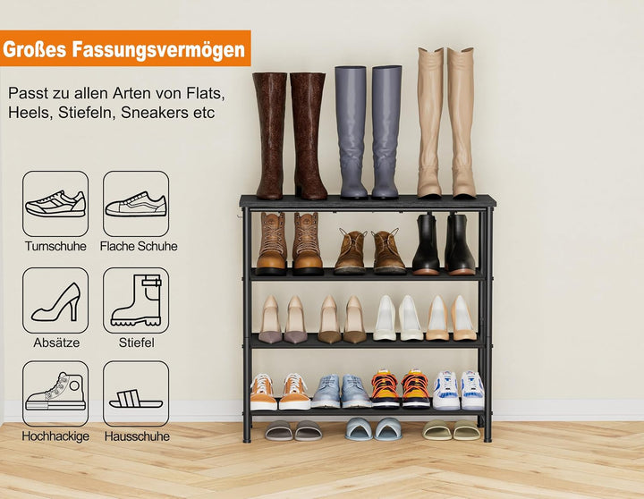 HOMIDEC Schuhregal,4-Ebenen Schuhablage mit Holzbrett als oberstes Regal 75*71*30cm Schwarz, 75*71*3
