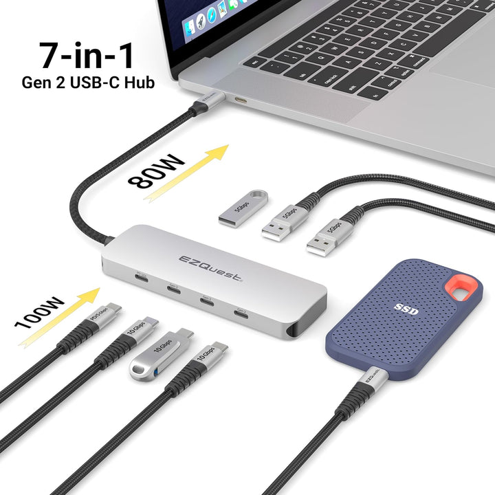 EZQuest USB-C Gen 2 Hub Adapter 7-Anschlüsse – 3X USB-C 10Gbs Gen 2, 3X USB 3.0 5Gbs Ports und 1x US