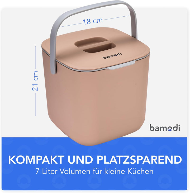 Bamodi Organic Bin 7L Peach mit Deckel und 2 Fächer - Bio-Abfalleimer für die Küche für den tägliche