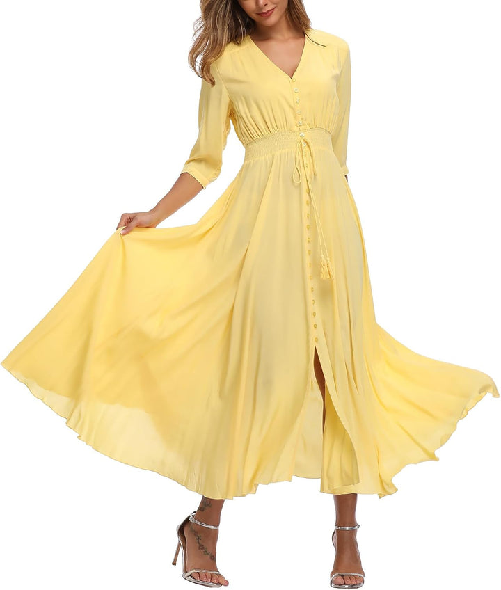 Damen Lange Split Knopf Up Sommer Maxikleid Floral Strandwear Holidy Kleid Hohe Taille mit kurzen Är