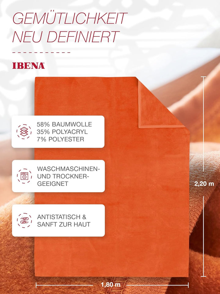 Ibena Porto xl Decke 180x220 cm – Baumwollmischung weich, warm &amp; waschbar, Tagesdecke orange einfarb