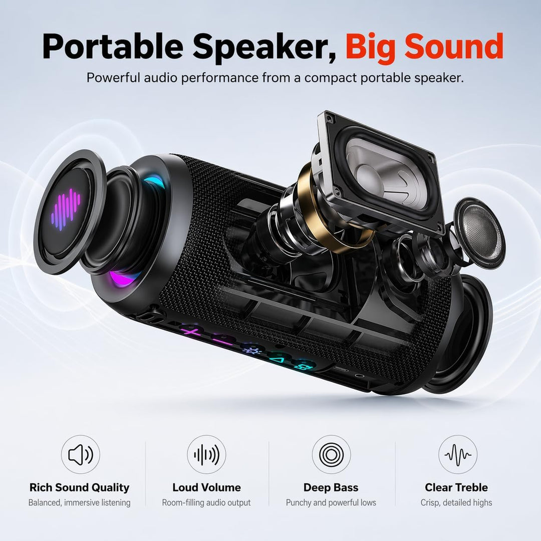 TIMU Bluetooth Lautsprecher mit Licht, Bluetooth 5.4 Musikbox IPX7 wasserdicht, TWS Paarung, AUX, TF