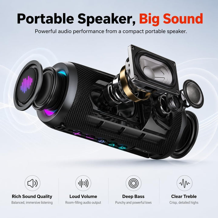 TIMU Bluetooth Lautsprecher mit Licht, Bluetooth 5.4 Musikbox IPX7 wasserdicht, TWS Paarung, AUX, TF