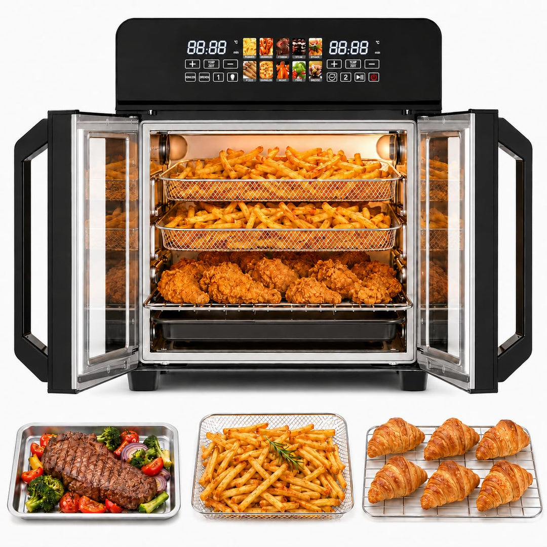 Royal Swiss Airfryer Oven XXL 23 L 2400 W, Heissluftfritteuse mit Doppeltür, 10 Programme, LED Displ