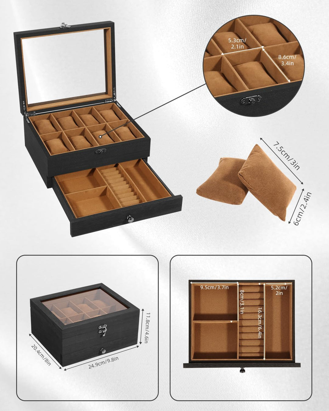 Uten Uhrenbox mit 2 Ebenen, 8 Fächern und 1 Schublade, aus Massivholz Kaffeefarbenes Futter – 8 Quad