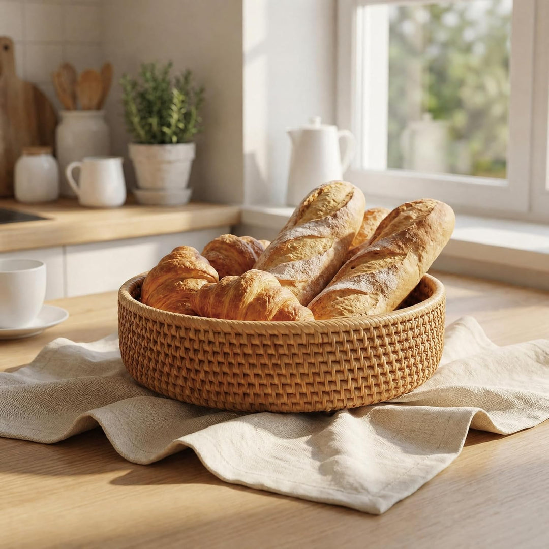 Runde Rattan Obstkörbe, Natürlicher Korbfruchtschalen, Geflochtene Aufbewahrungskörbe für Esszimmer
