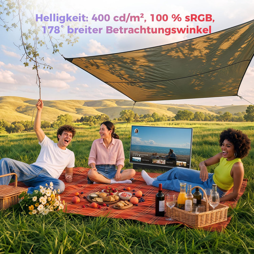 VLH 27 Zoll FHD Portable TV, Tragbarer Fernseher, 400cd/m² Helligkeit, 100% sRGB, Dolby Atmos, Sprac