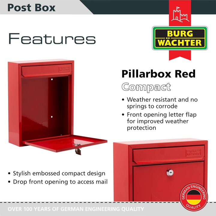 BURG-WÄCHTER MB05R Compact Briefkasten aus verzinktem Stahl zur Wandmontage, Pillarbox Red, Pillarbo