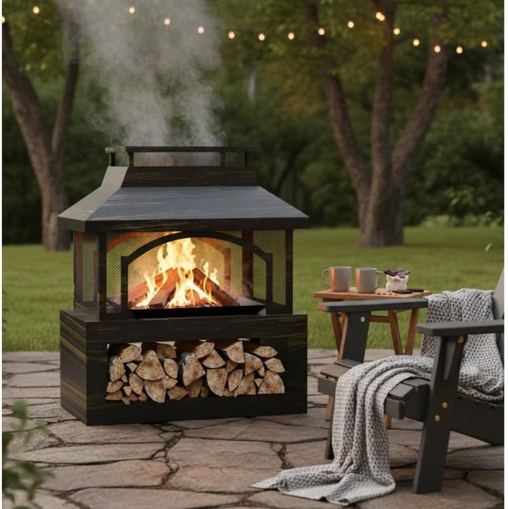 Feuerschale Metall mit Abdeckung 94 cm – Fire Pit Schwarz, Grosse Feuerstelle Garten &amp; Terrasse, Wet