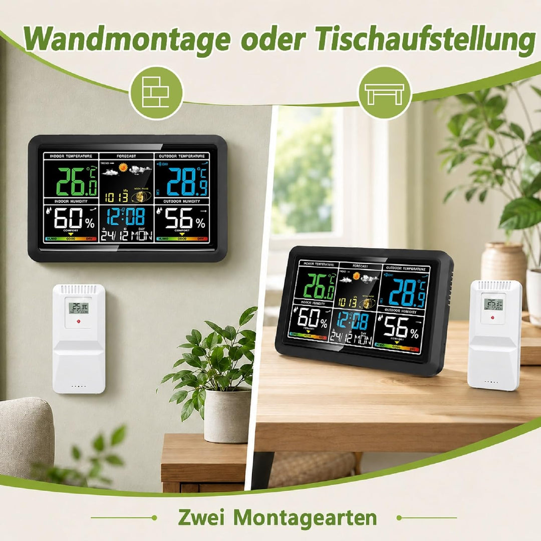 Wetterstation Funk mit Aussensensor, Innen- und Aussentemperatur, Luftfeuchtigkeit, Wettervorhersage