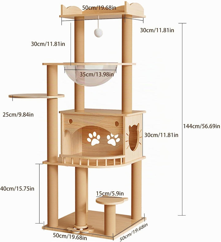 KVIDA Kratzbaum Holz 144 cm für grosse Katzen bis 15 kg, extra Stabiler Katzenbaum Holz, Dicke Massi