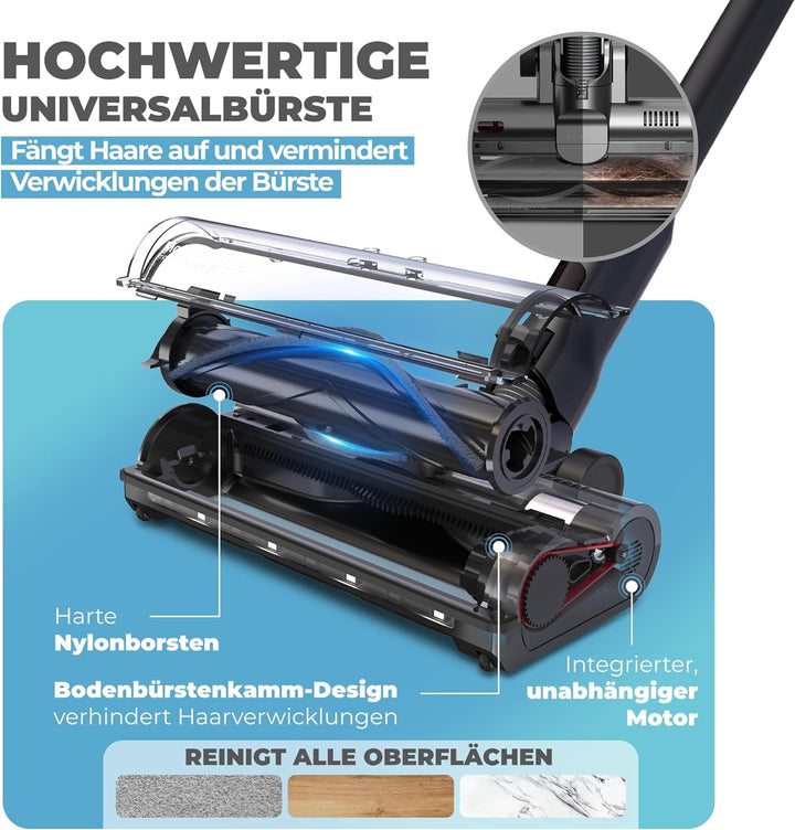 KLAMER Akku Staubsauger, 2-in-1 Staubsauger kabellos &amp; Handstaubsauger, Akkulaufzeit bis 50 min, Akk
